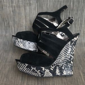 Black Velvet and Snake Wedge Sandal - Size 7.5